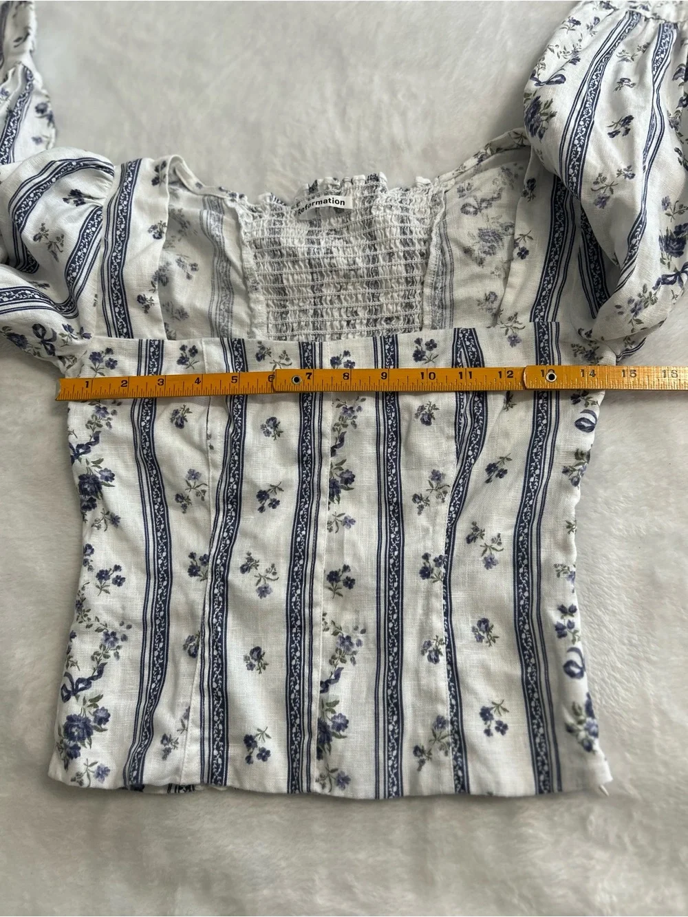 Reformation Floral Linen Crop Top Women’s Size 0 White Blue Sustainable